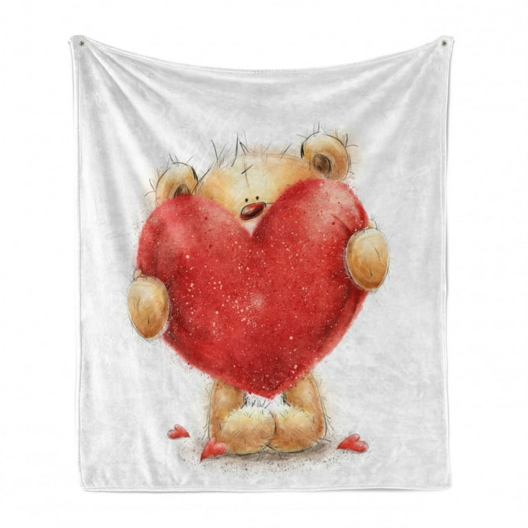 Bear Soft Flannel Fleece Throw Blanket Valentine s Day Inspired Teddy Bear Holding a Big Red Heart Love Romance Cozy Plush for Indoor and Outdoor Use 70 x 90