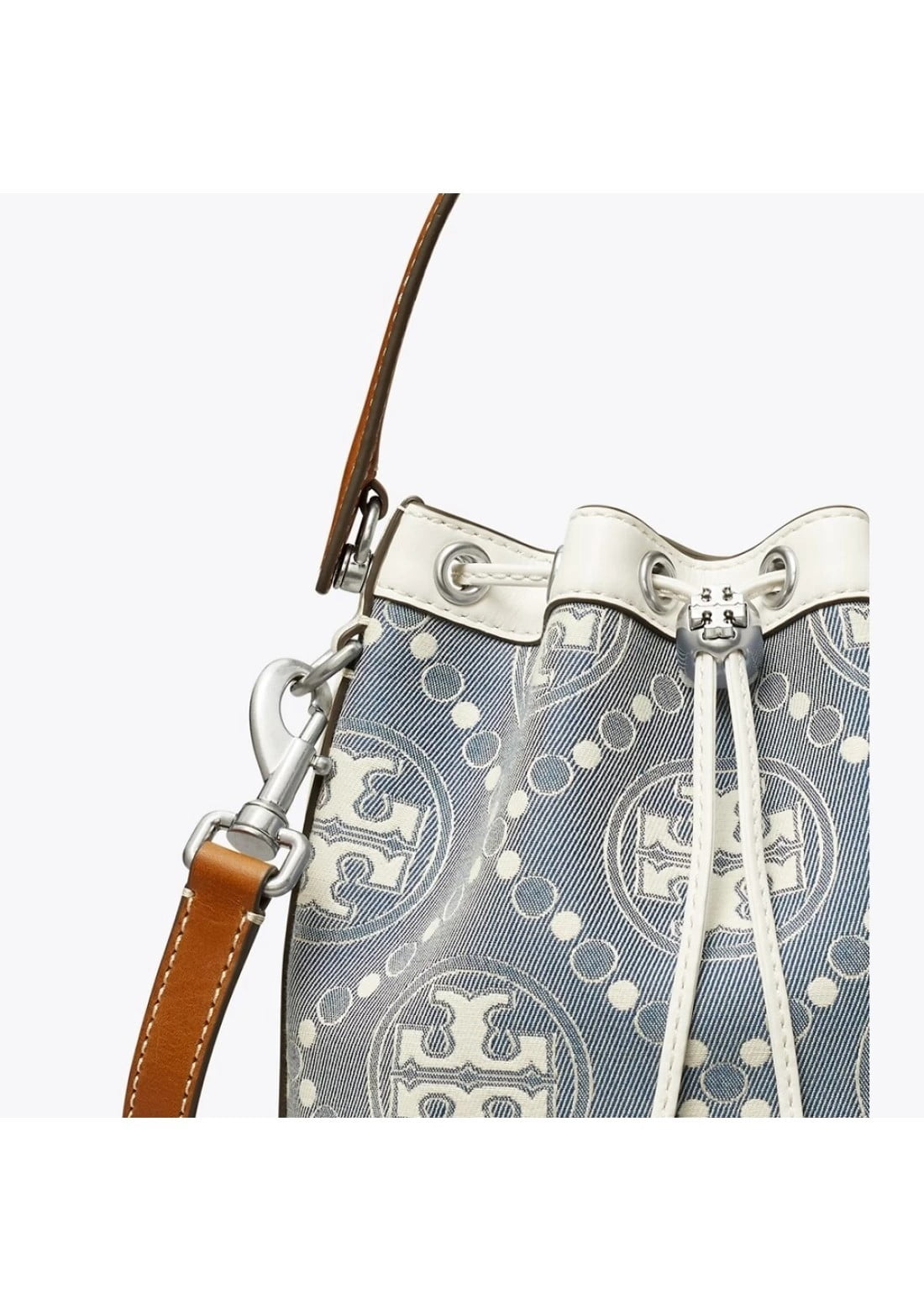 Tory Burch T Monogram 143535 Drawstring Bucket Brown Strap Pearl Blue White Shoulder Bag Purse