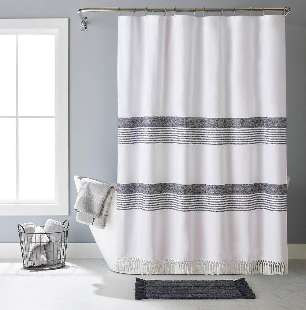 Modern White Farmhouse Shower Curtain with Tassels，Luxury 100 Cotton