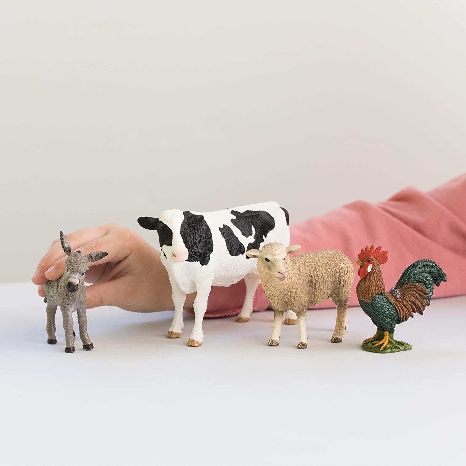 schleich Farm World - 4 PC Barnyard Animal Figurine Set with Cow, Sheep, Rooster and Donkey - Animal Toy Set for Kids Ages 3+