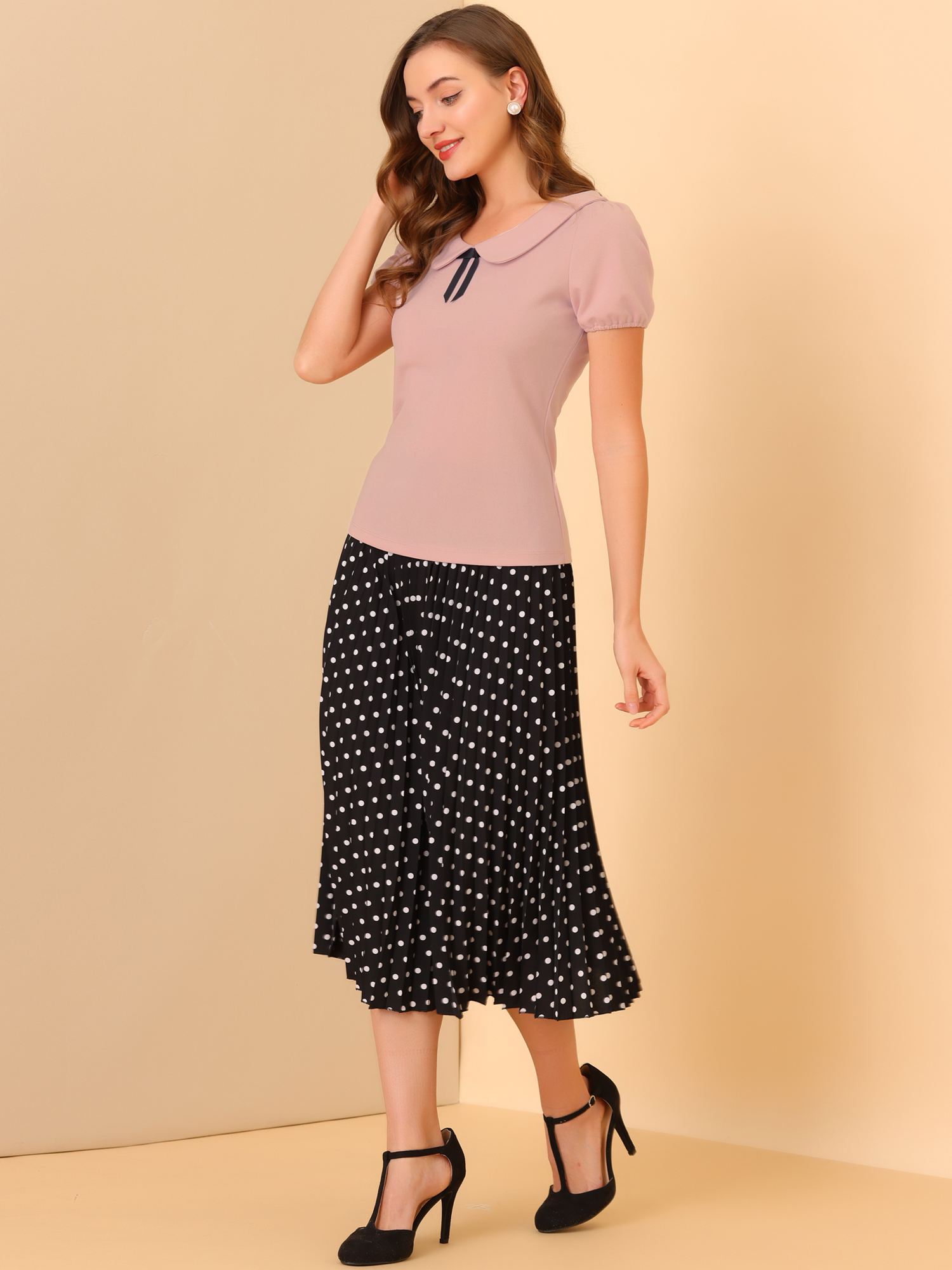 DARING DIVA Flat Collar Elastic Cuff Bow Decor Blouse M Pink