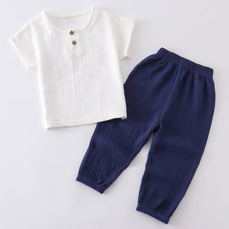 HAYIMI Child Boys Outfit Sets Solid Color Lightweight Summer Outfit For Kids Breathable Short Sleeve T-Shirts Pants For Toddler Round Neck Clothing Sets Navy