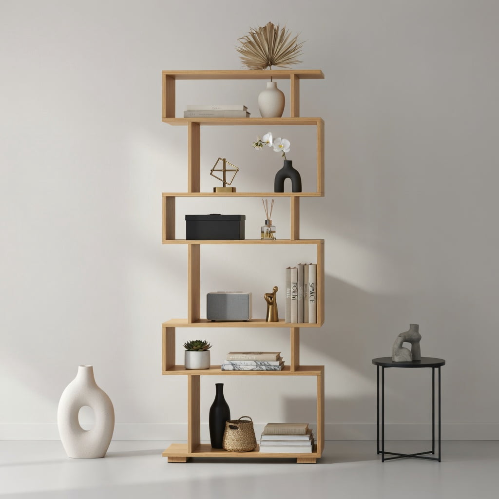 GVN 6-Tier Geometric Open Bookshelf Stylish Modern Display Bookcase with 2 Anti-Tipping Kits Stable Structure for Home Office Study Living Room Storage Furniture, Wood