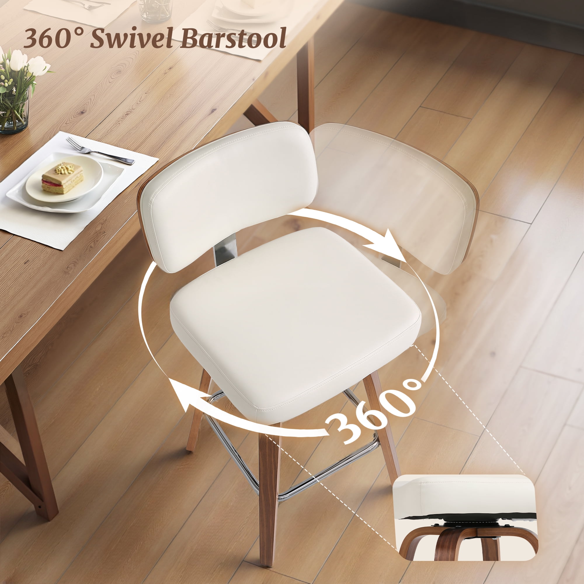 Dycanpo 26"H Counter Height Bar Stool Set of 3 with Back PU Leather for Home Kitchen, White