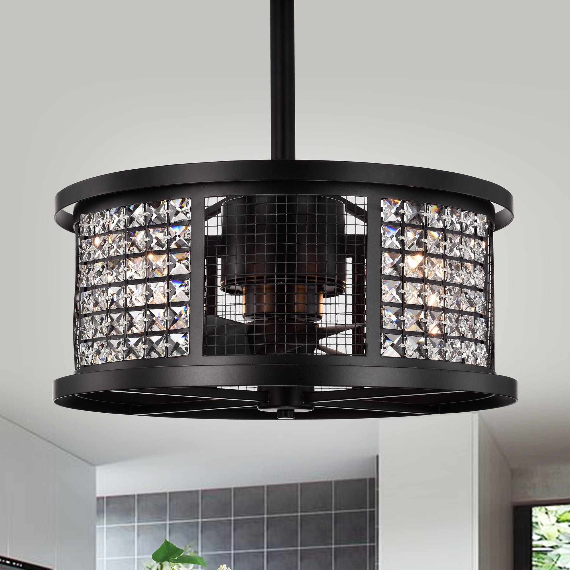 Lacey Matte Black 19-Inch 4-Light Geometric Metal & Crystal Drum Shade Fandelier