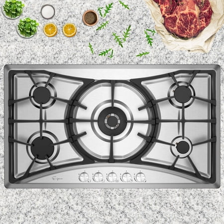 Empava 36 in. Gas Stove Cooktop with 5 Italy Sabaf Sealed Burners NG/LPG Convertible in Stainless Steel ，EMP-36GC22