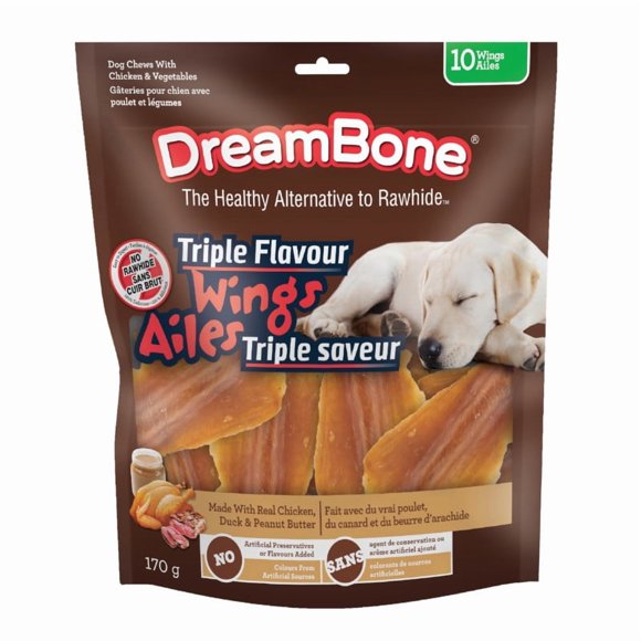 DreamBone Triple Flavor Wings 10 Count, Treat Your Dog to Rawhide-Free Chews With Real Chicken, Peanut Butter and Duck, For All Dogs