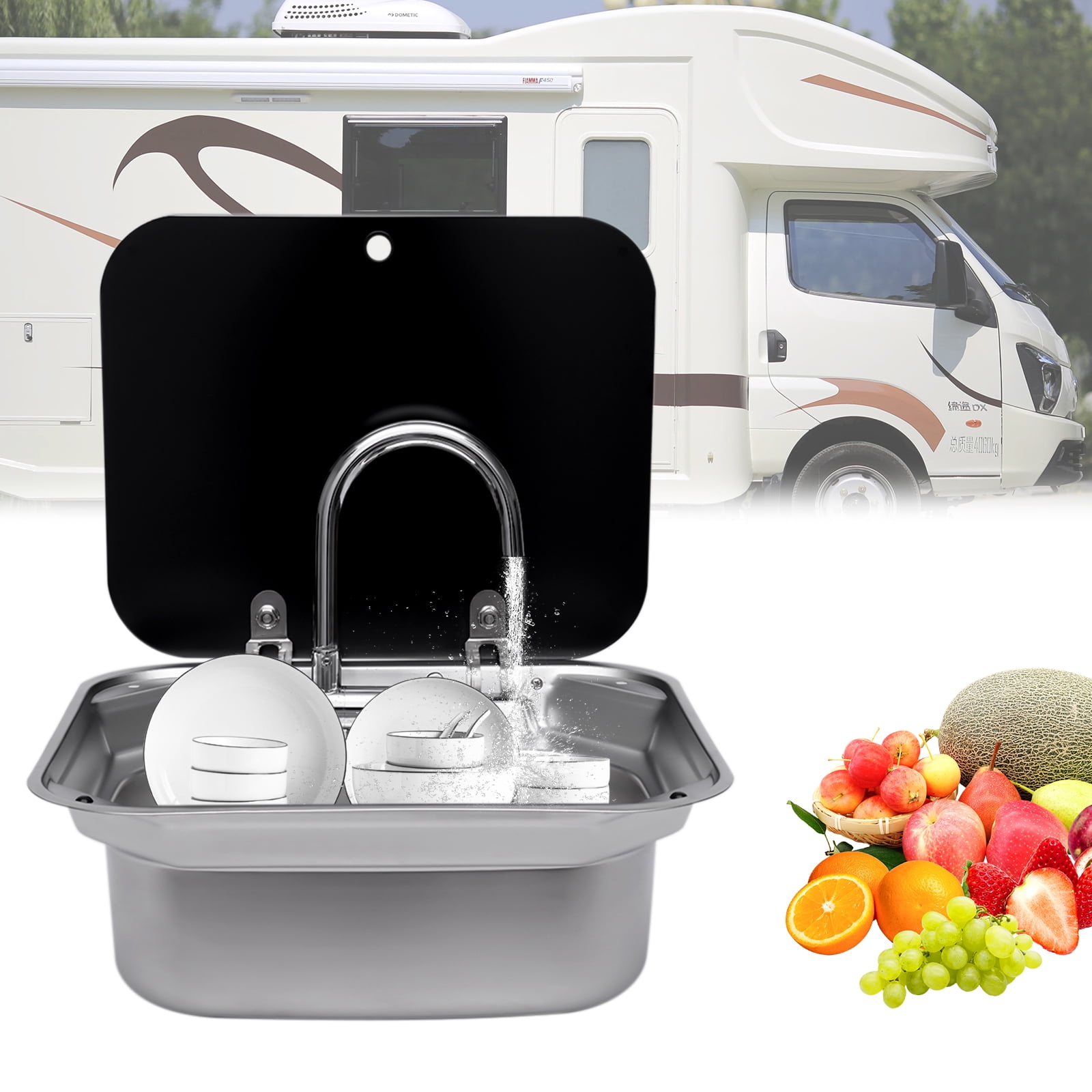 Aiqidi RV Camper Kitchen Sink Single Bowl S/Steel Hand Wash Basin Sink w/Folded Faucet Tempered