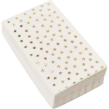 50 Pack Gold and White Dinner Napkins with Small Stars, 4x8 inch Decorative Disposable Gold Foil Party Napkin for Baby Shower, Birthday, Holidays, Graduation (3-Ply)