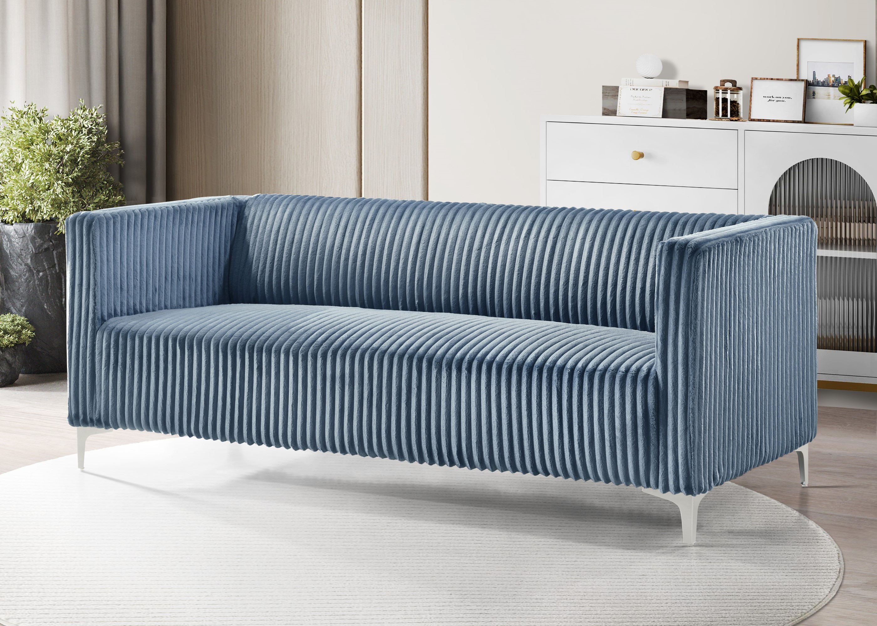 Home Design Gavin Velvet Square Arm Sofa with Plush Cushions and Modern Upholstery, Durable Frame for Living Room, Contemporary Blue Design