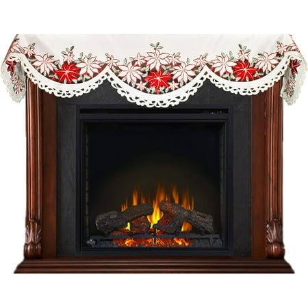 

Embroidered Christmas Holiday Large Poinsettia Fireplace Mantel Scarf (19Wx90L)