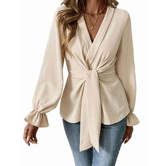 Women'S V Neck Bell Sleeve Blouses Top Knot Front Wrap Ruffle Hem Blouses  XL