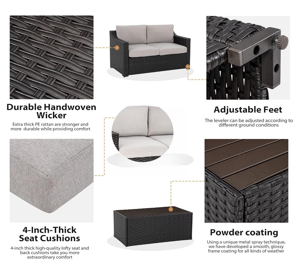 Outdoor Sectional with Loveseat & Coffee Table Set, Patio Conversation Set, All-Weather Rattan Sofa