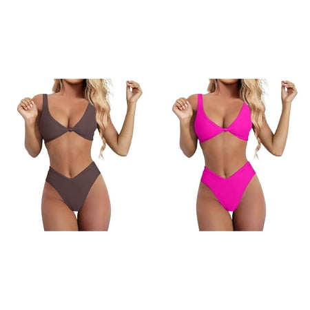 (2-Pack) Kcodviy Bikini Set for Women Short Set Bathing Suit for Women Solid V Neck Knot Swimsuit Cover Ups for Women Plus Size 2X Front Push Up High Women Bathing Suits Plus Size Leg Thong Two Piec