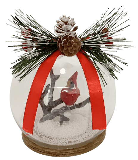 Holiday Time Bird Round Globe Ornament. Casual Traditional Theme. Red Cardinal Inside the Clear Bauble