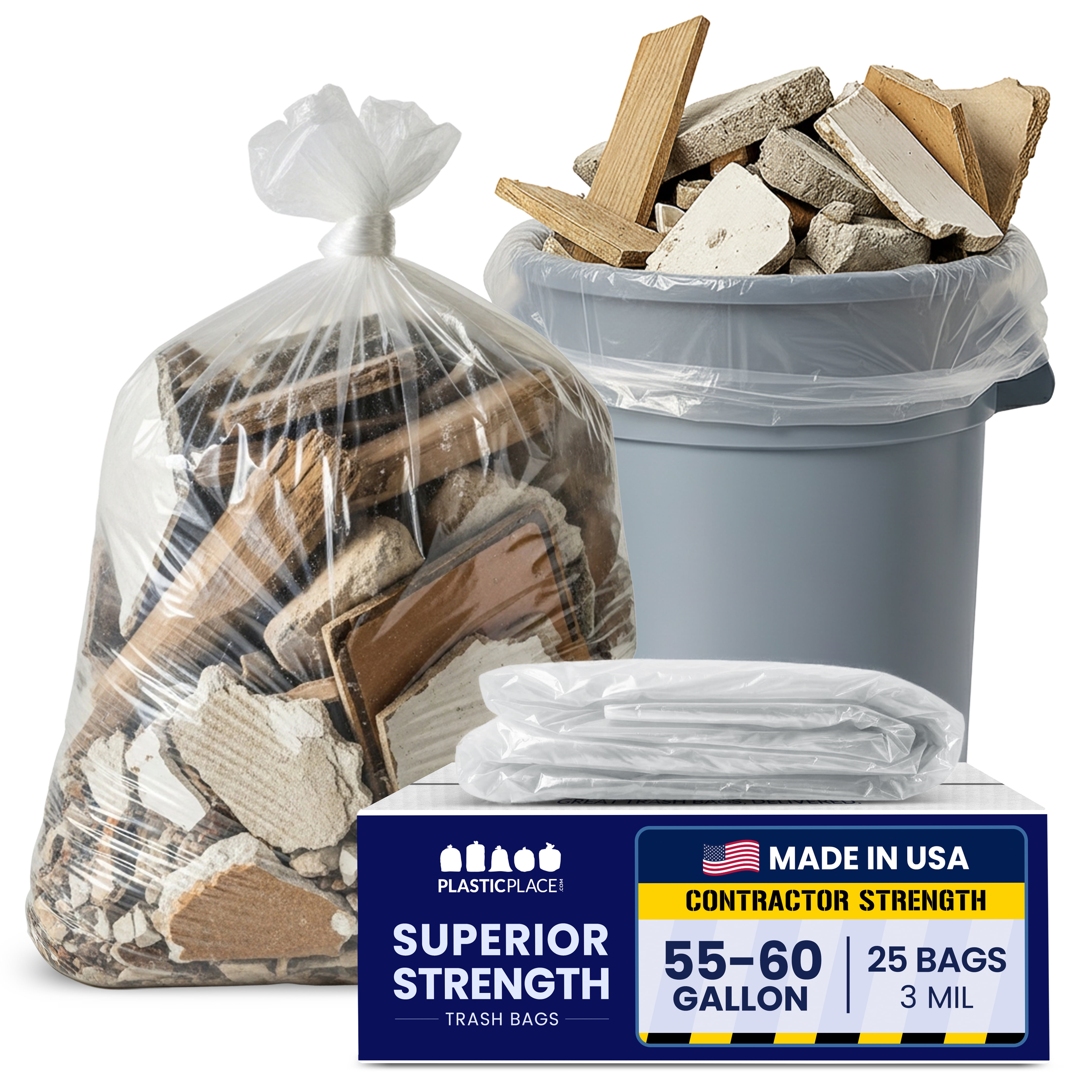 Plasticplace 55-60 Gallon Contractor Trash Bags, 3.0 Mil Clear Heavy Duty Garbage Bags, Tear & Leak Resistant, 38” x 58” (25 Count) – Ideal for Construction, Renovations Yard Waste Cleanup Industrial