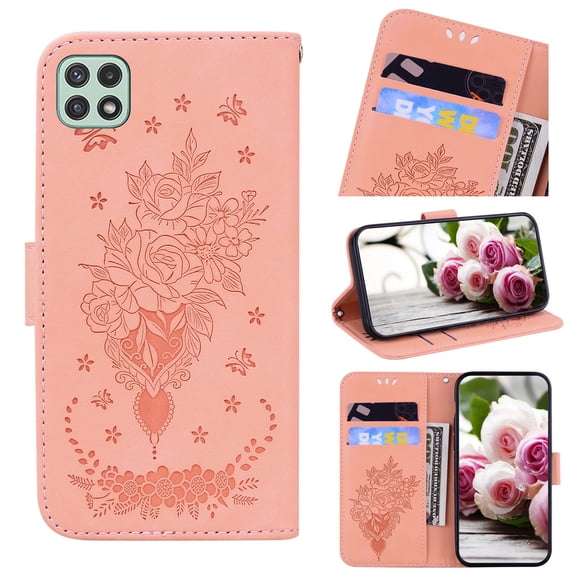 For Samsung Galaxy A22 5G Wallet Case With Kickstand Magnetic Full Body Embossed Leather Shockproof Case Flip Stand Card Cash Pocket Wallet Protective Cover,Pink