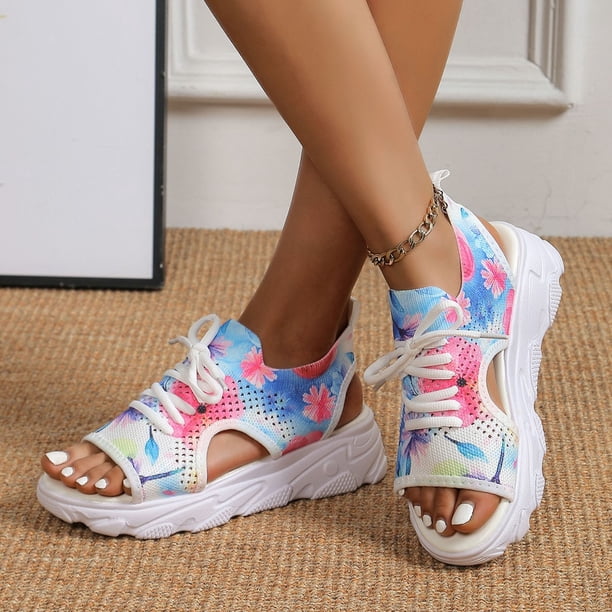 MKLEKYY Sandalias de Playa para Mujer, Zapatos de Mujer, Sandalias Florales de Suela Gruesa, Sandalias de Moda Con Cordones, Boca de Pez, Suela Gruesa, Tejido de Mosca, Sandalias Casuales para Mujer