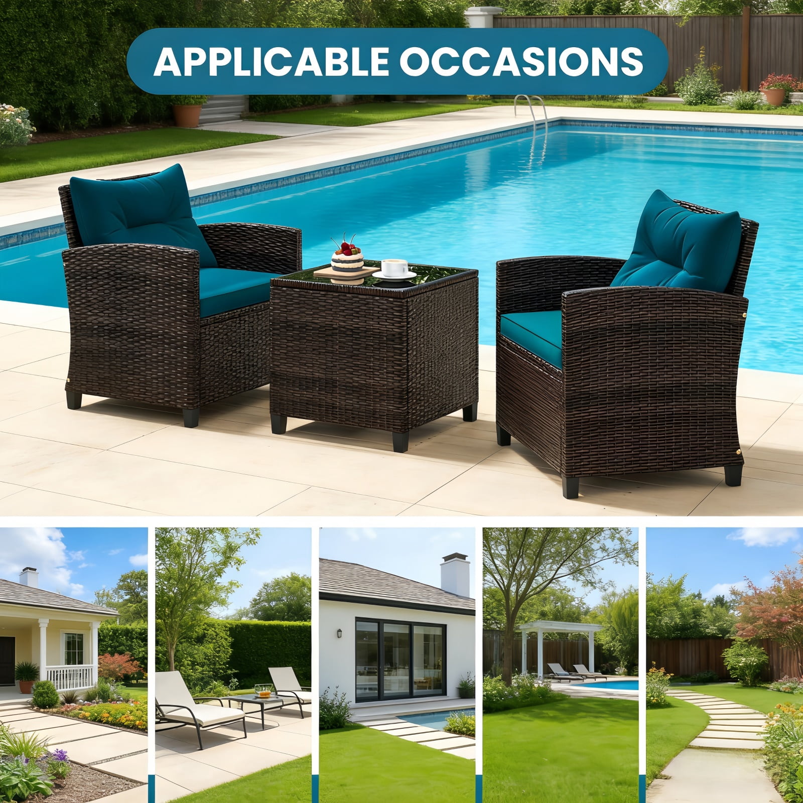 Hommoo 3 PCS Rattan Patio Furniture Set, Outdoor Brown Wicker Conversation Set with Glass Tabletop & Peacock Blue Cushion