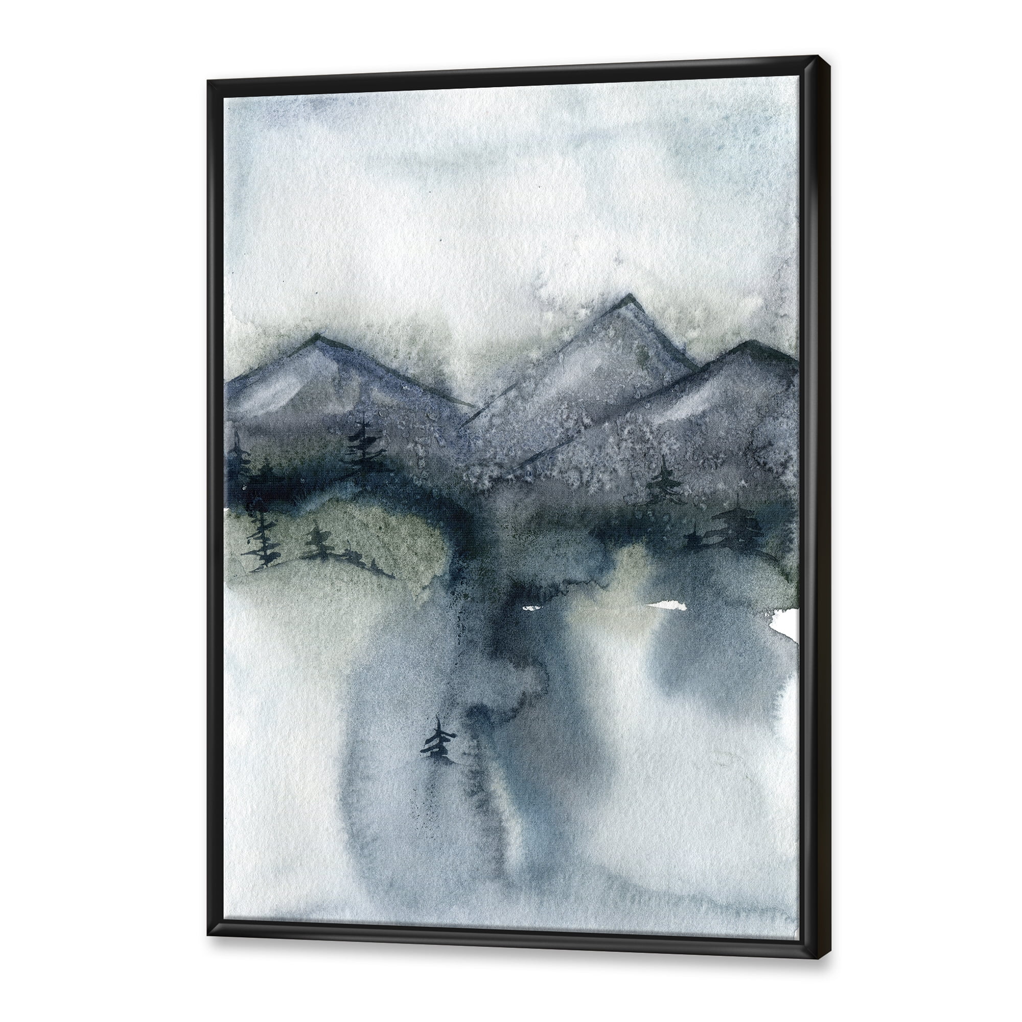 Designart 'Minimalistic Landscape of Mountains Snow and Trees' Modern Framed Canvas Wall Art Print