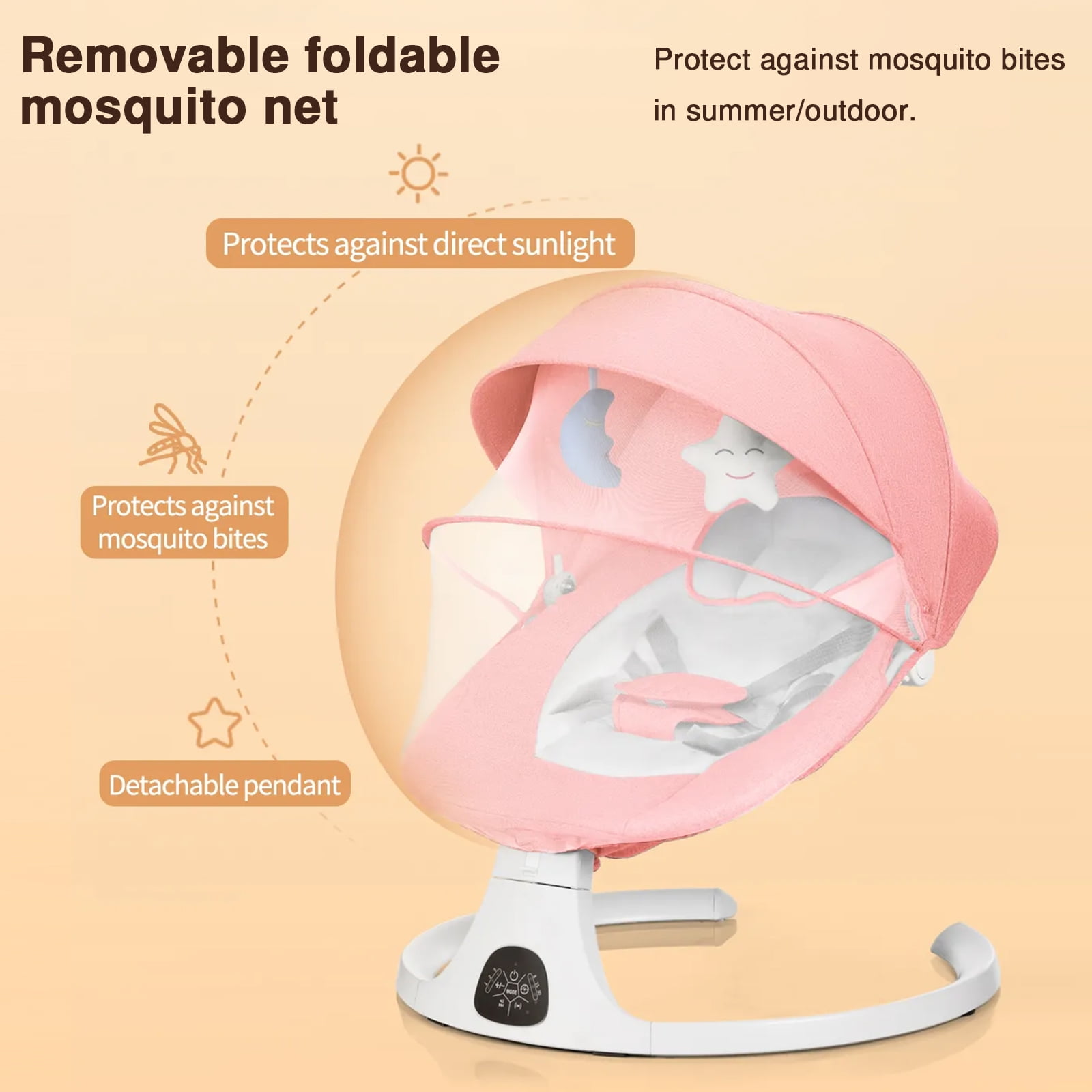HAOUUCYIN Baby Swing, Infants Rocker with 5 Swing Speeds, 3 Seat Positions, bluetooth Music, Pink