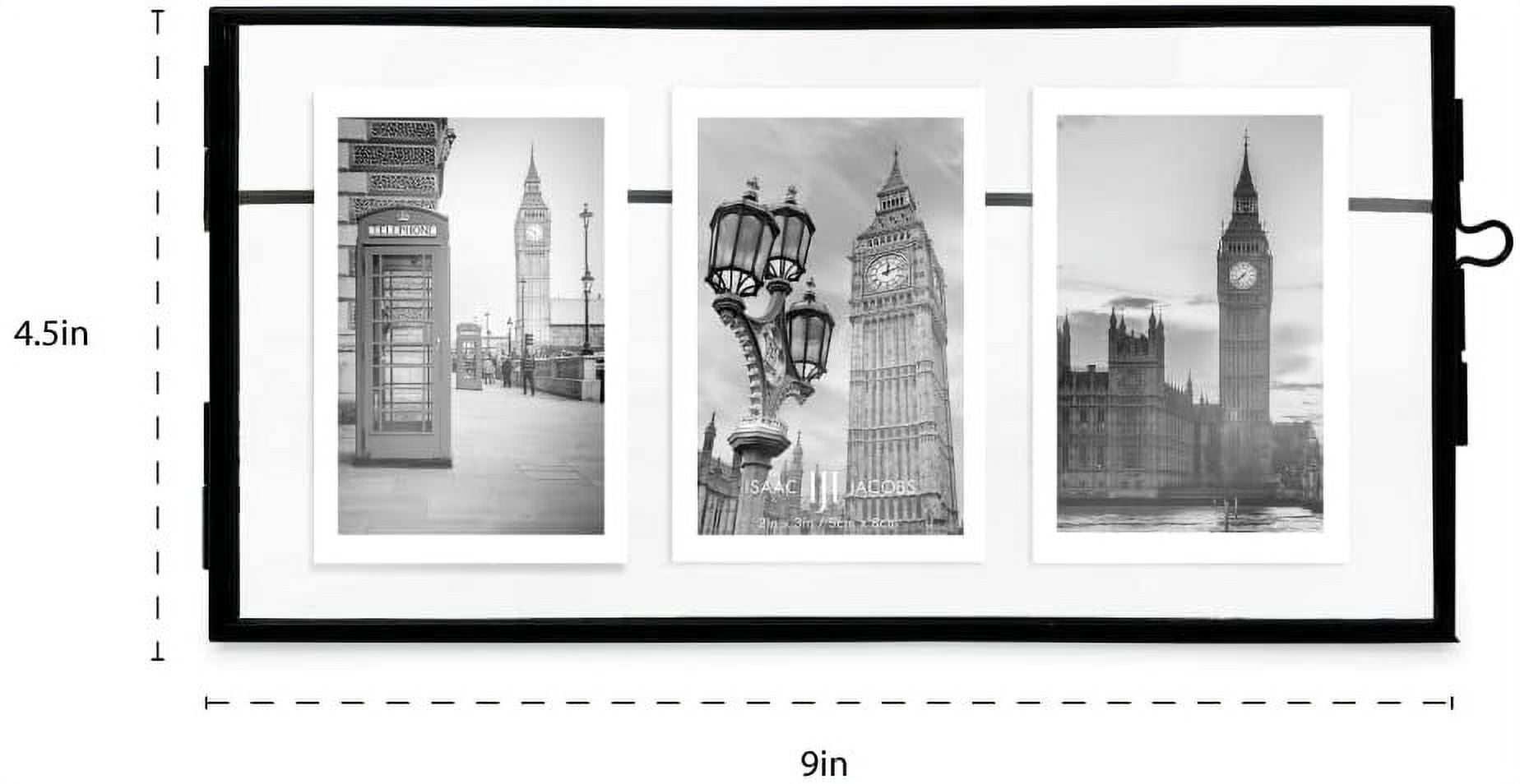 Isaac Jacobs 3-Photo Vintage Style Glass and Metal Floating Picture Frame Horizontal w/ Locket Closure; Fits 3 2x3 photos for Art & More