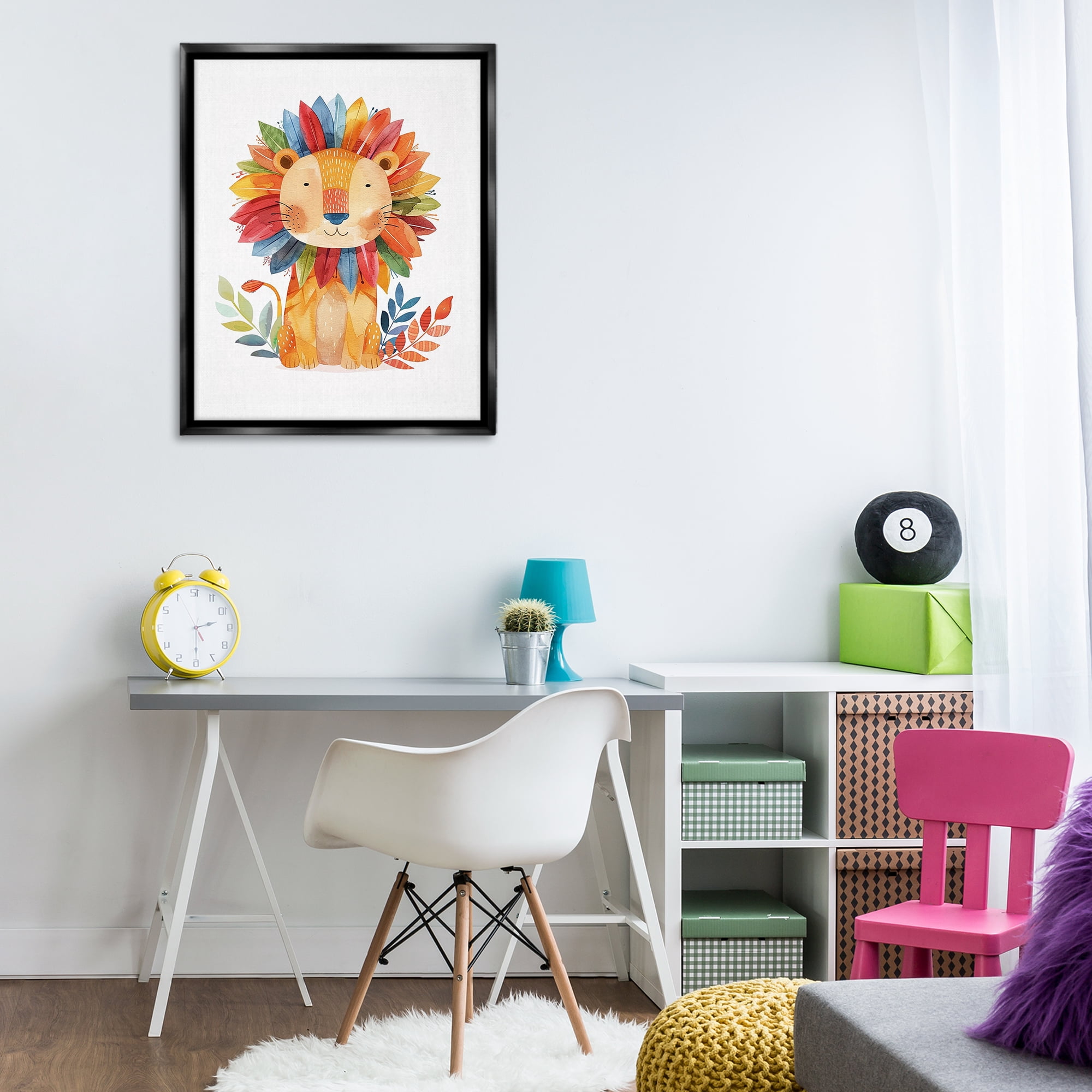 Stupell Industries Rainbow Blooms Lion Animals Painting Black Floater Framed Canvas Art Print Wall Art, 25 x 31