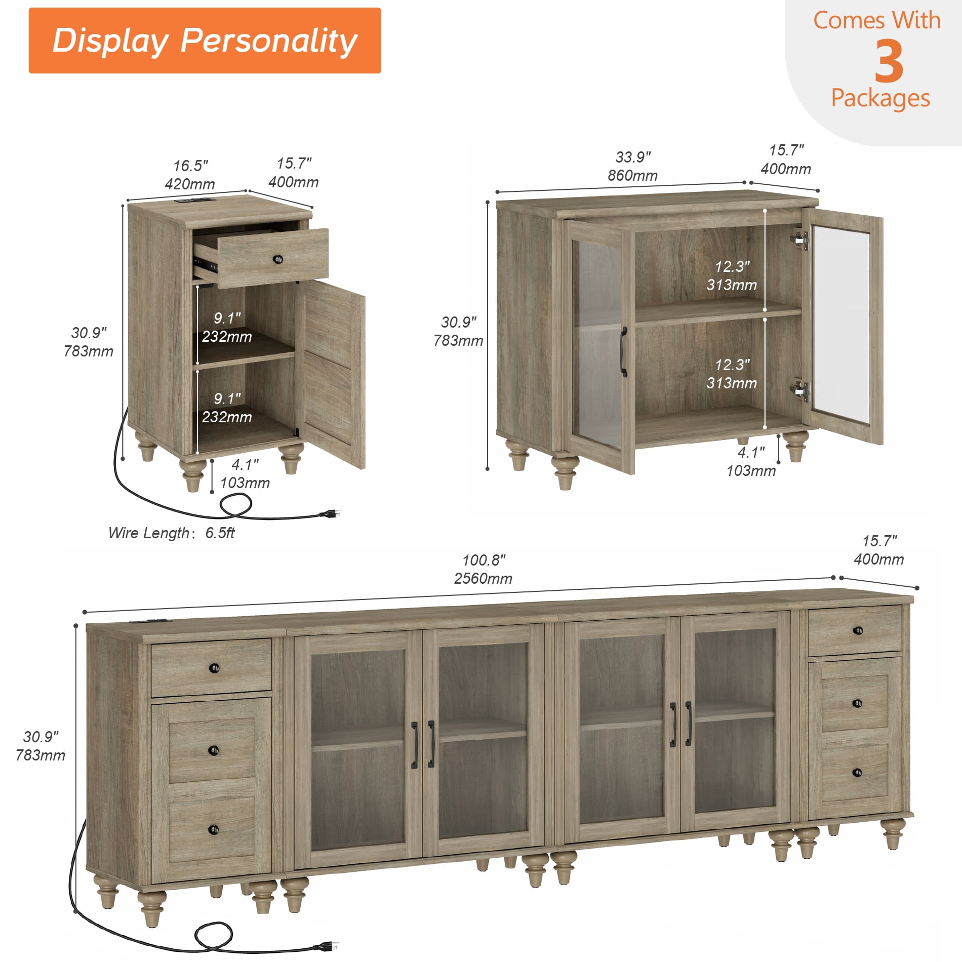 WAMPAT TV Stand for 100 Inch TV, TV Console Table for 85 90 95 Inch TV, Farmhouse Entertainment Center with Charging Station & Glass Door, Kitchen Sideboard Buffet Cabinet for Dining Room, Wash Grey