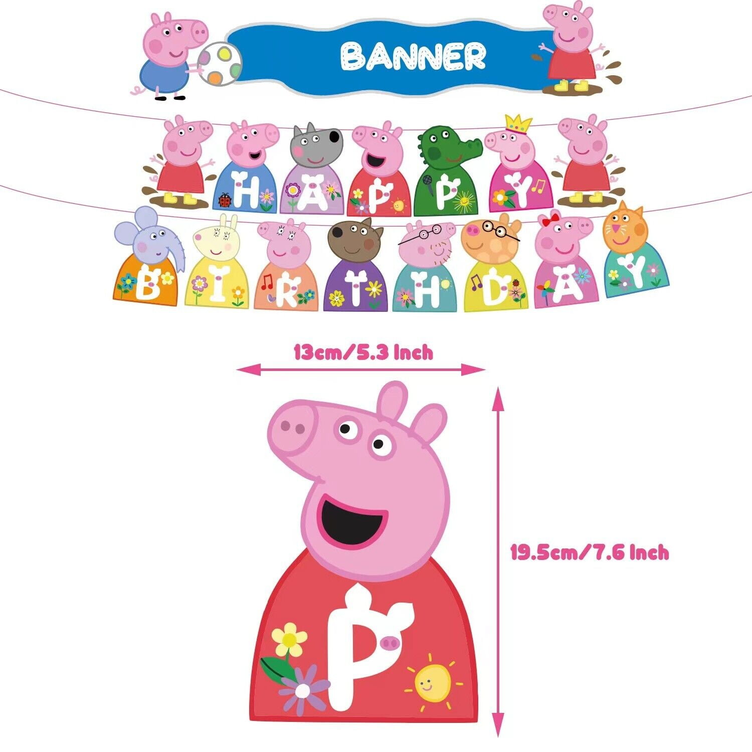 Peppa Pig Theme Birthday Party Decorate Supplies Set,Balloon Banner Cake Toppers