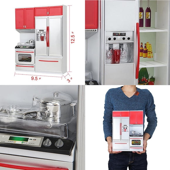 Red Mini Kitchen Pretend Play Cooking Set Cabinet Stove Toy Gift