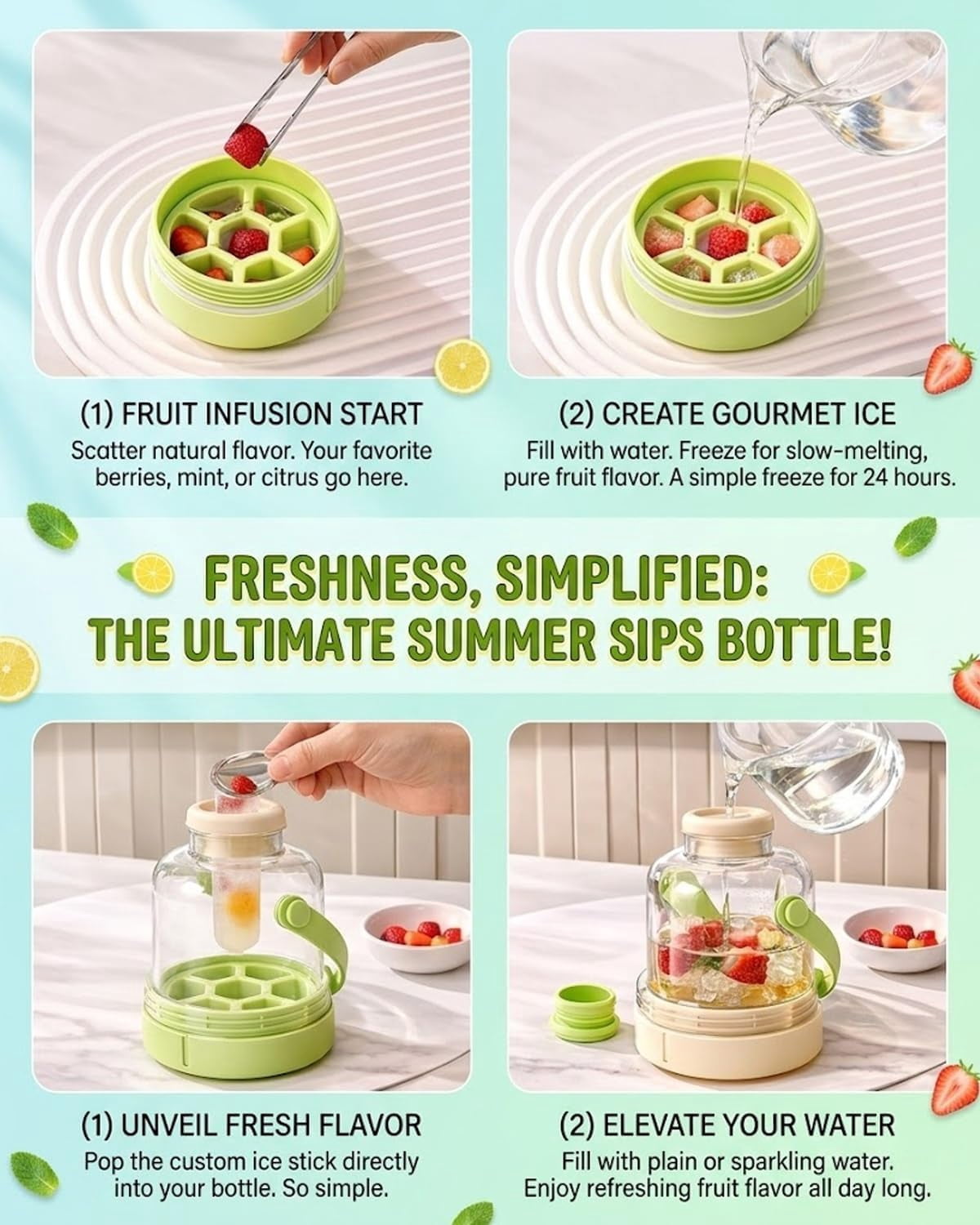 2-in-1 Water Bottle with Built-In Ice Tray – Transparent Portable Ice Maker Bottle, Easy-Release Silicone Cube Mold, Press-to-Release Square Ice Maker for Freezer, Drinks