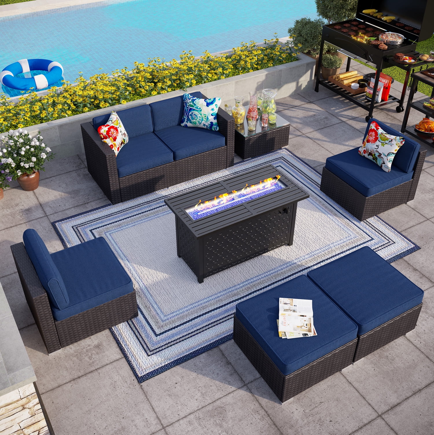 MF Studio 7 Piece Outdoor Sectional Furniture Sets with 45' 50,000 BTU Gas Fire Pit Table