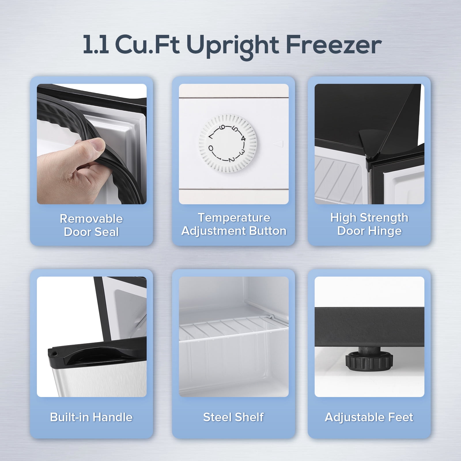 Auseo 1.1 Cu ft Reversible Door Compact Upright Freezer Energy Efficient, Perfect for Home, Office, or Dorm, Silver