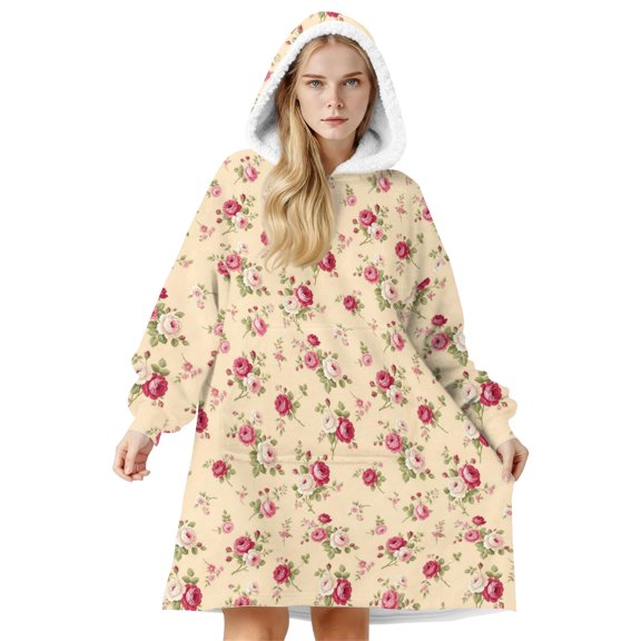 Wearable Lamb Fleece Blanket Hoodie,Pioneer Flower Floral Print Pattern Oversized Sherpa Blanket Hoodie with Super Pockets,Super Warm Fuzzy Pullover for Women & Men