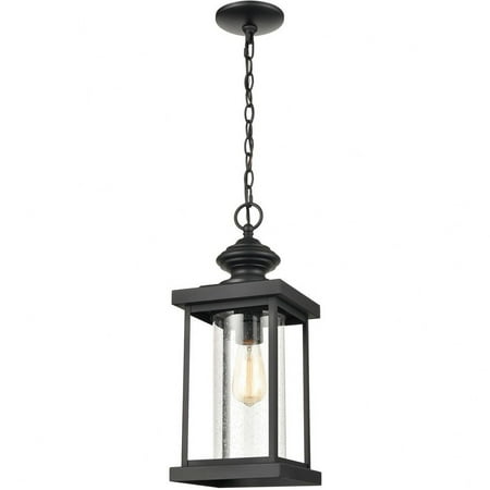 

Rectangular Exposed Bulb One Light Outdoor Hanging Pendant Traditional Outdoor Ceiling Light Matte Black Finish with Antique Speckled Glass Bailey