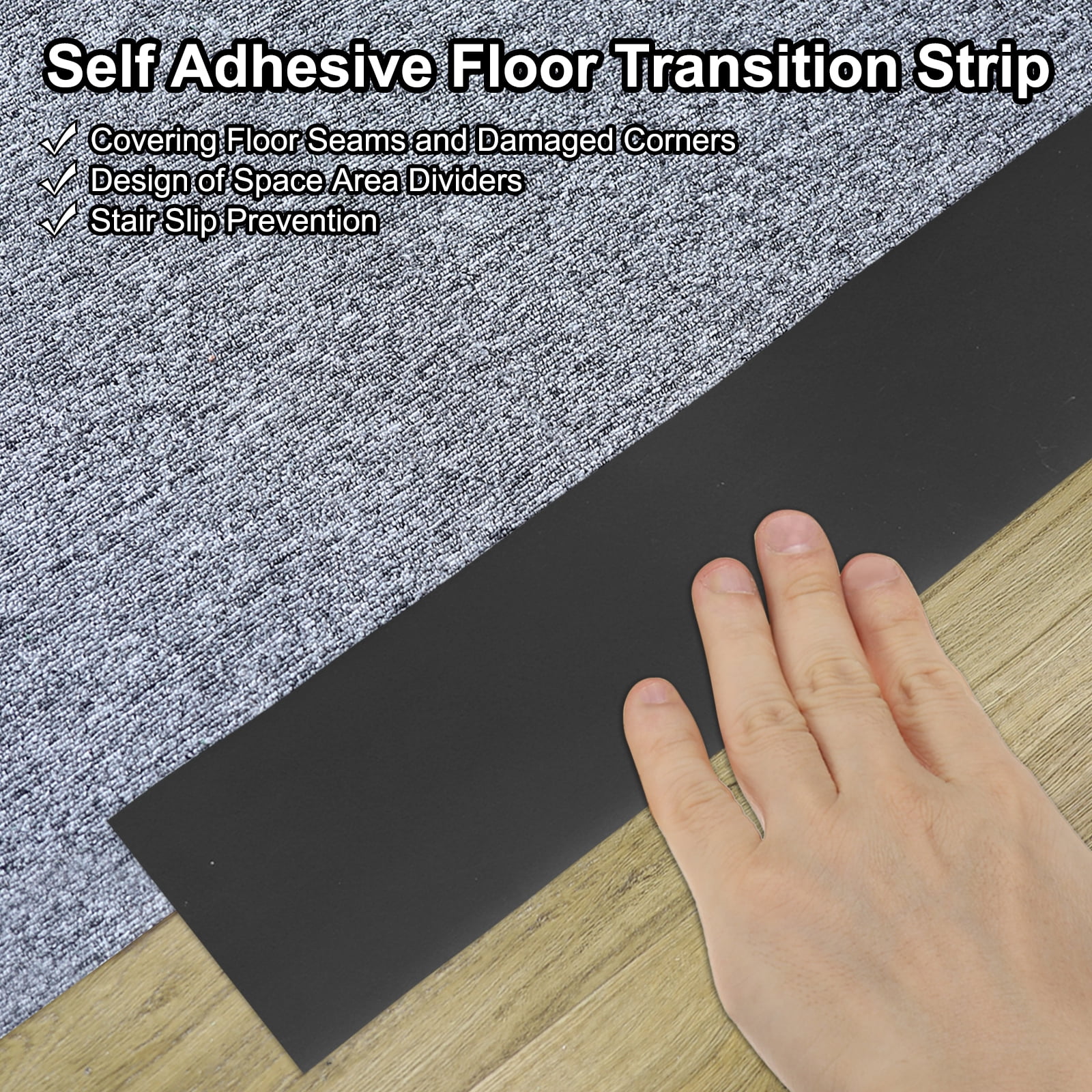 Uxcell Self Adhesive Floor Transition Strip Vinyl Flat Divider Flooring Black 10 FT x 3"