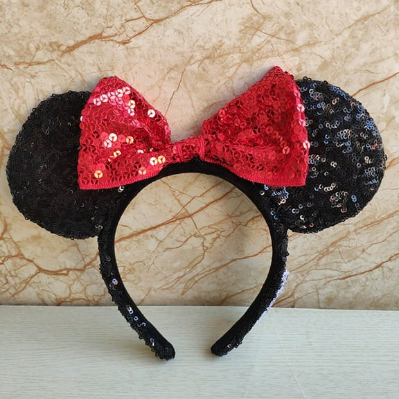 Fashion Mouse Classic Red Bow Black Ears Sequins Headband - NEW