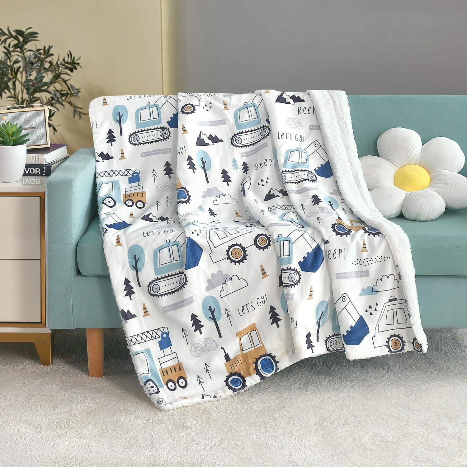 Marina Decoration Reversible Rich Printed Woven Fluffy Plush Soft Warm Flannel Fleece Children Throw Sherpa Kids Blanket, 40 x 50 Inch Cartoon Truck with White Base Pattern
