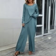 thumbnail image 2 of Outfits For Women 2 Piece Asymmetrical Hem Long Sleeve Crew Neck Tops Wide Leg Pants Loose Solid Set Summer Business Casual Clothes for Women Pantsuit for Women Women Pantsuits for Work Brides Pants, 2 of 5