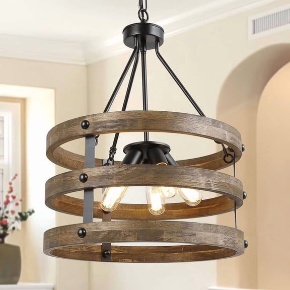 LNC 3-Light Rustic Round Wood Chandelier with Matte Black Accents for Dining Room or Foyer