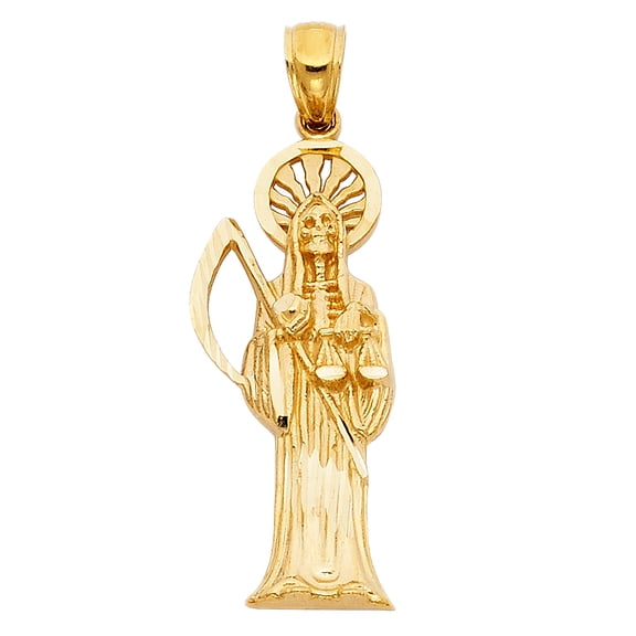 Wellingsale 14K Yellow Gold Polished Diamond Cut Ornate Santa Muerte Pendant
