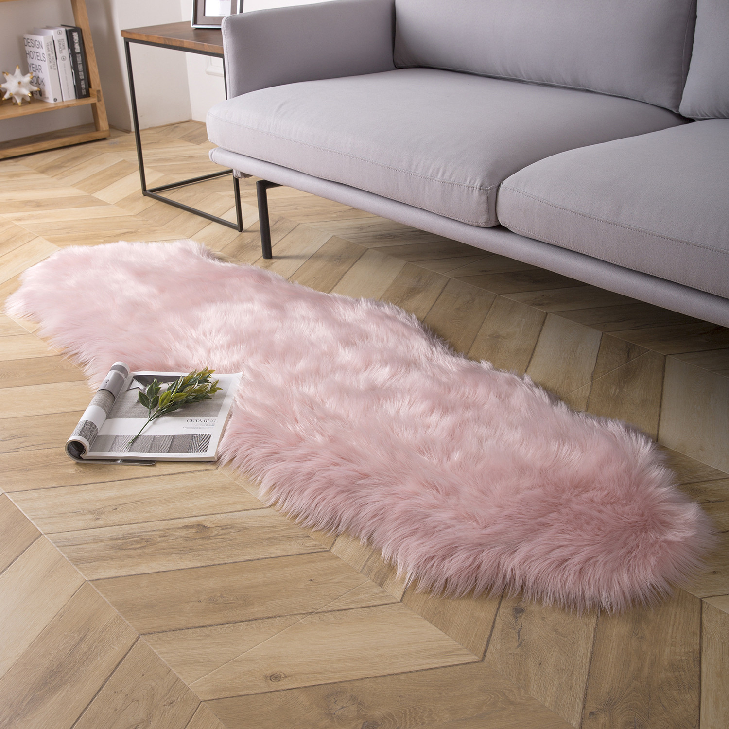 Phantoscope Designer's Choice Faux Fur Decorative Throw Pillow + Area Rug Bundle, 18" x 18"/ 2' x 6', Pink, 2 Pillows + 1 Rug