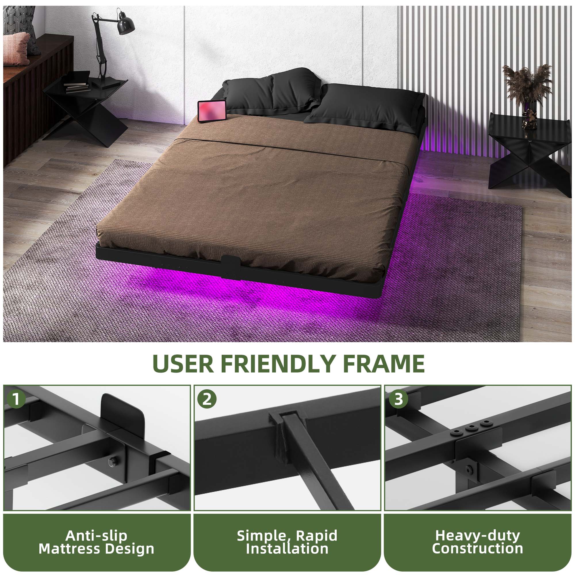 Uforic Full Size Floating Bed Frame with LED Lights and Charging Station, Easy Assembly Heavy Duty Metal Platform Bed, No Box Spring Required (Black)