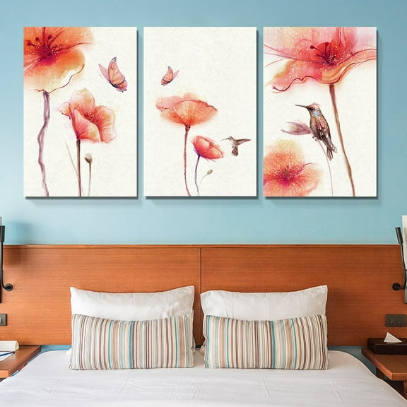 wall26-3 Panel Canvas Wall Art - Watercolor Painting Style Birds Butterflies and Red Flowers - Giclee Print Gallery Wrap Modern Home Art Ready to Hang - 24"x36" x 3 Panels