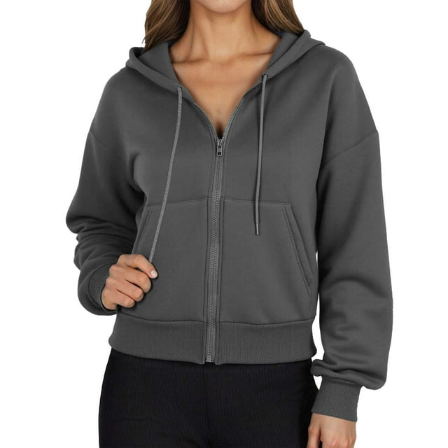 Wuxian Women'S Sweatshirt Hooded Drawstring Solid Color Long Sleeve Short Length Jacket With Big Pockets Full Zippers For Women Lantern Sleeve Cardigan,S