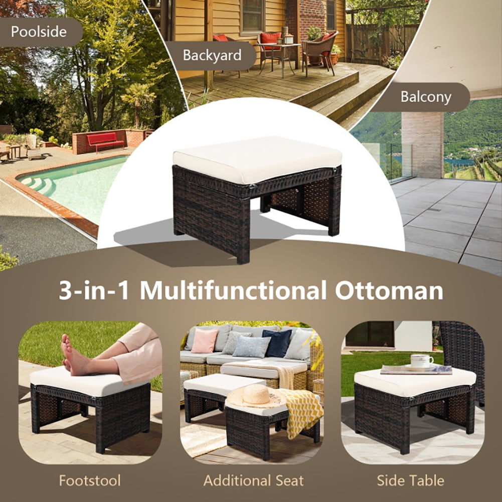 Aimee Lii 2 Pieces Patio Rattan Ottomans with Soft Cushion for Patio and Garden, Outdoor Patio Furniture Set, White