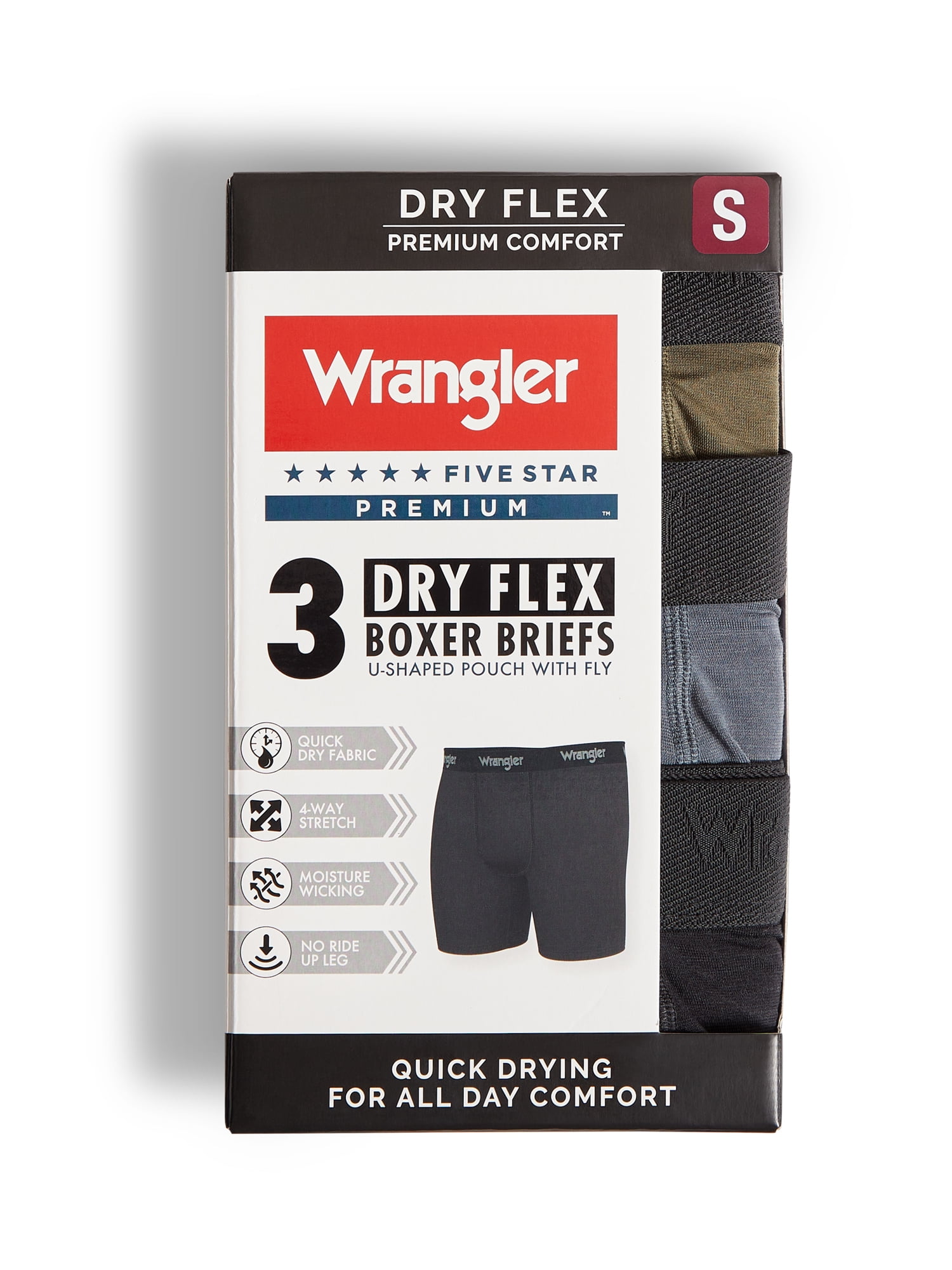 Wrangler Dry Flex 6" Wool Boxer Brief Men's Underwear, Medium, Black/Turbulence/Ivy Green, 3-Pack