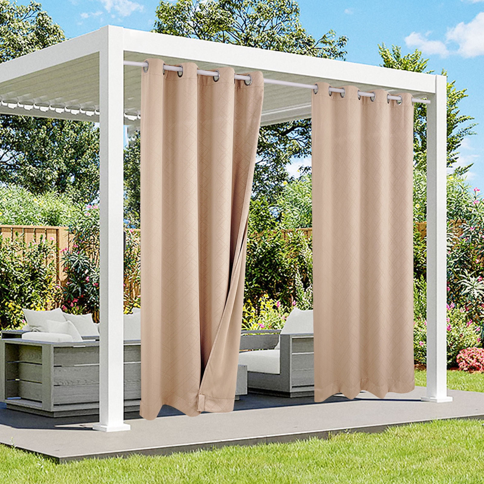 SHANNA 2 Panel Outdoor Curtains, Waterproof Windproof UV Protection Blackout Curtains with Eyelets, 3D Textured Pattern for Garden, Pergola, Balcony, Beige, 52 X 108 inch