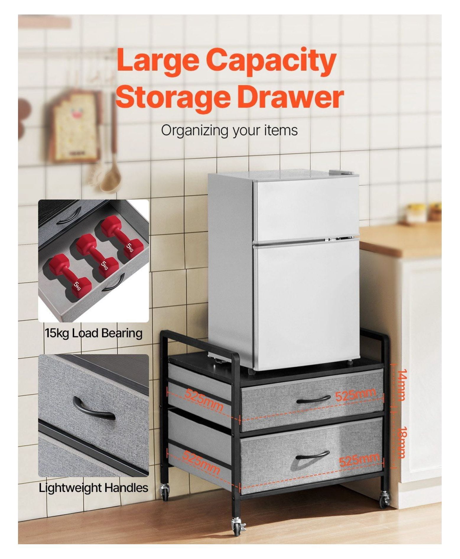 Mini Fridge Stand with Storage, 176 lbs Capacity, Gray Woodgrain - 2 Drawers, Mobile Refrigerator Table, Durable Small Appliance Stand