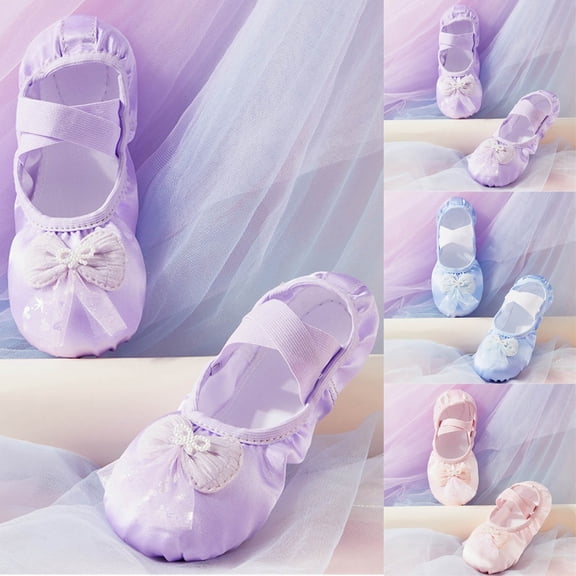 HAOTAGS Dance Shoes for Girls, Gradient Glitter with Bow Accent Soft-Soled Comfortable Dance Footwear Purple